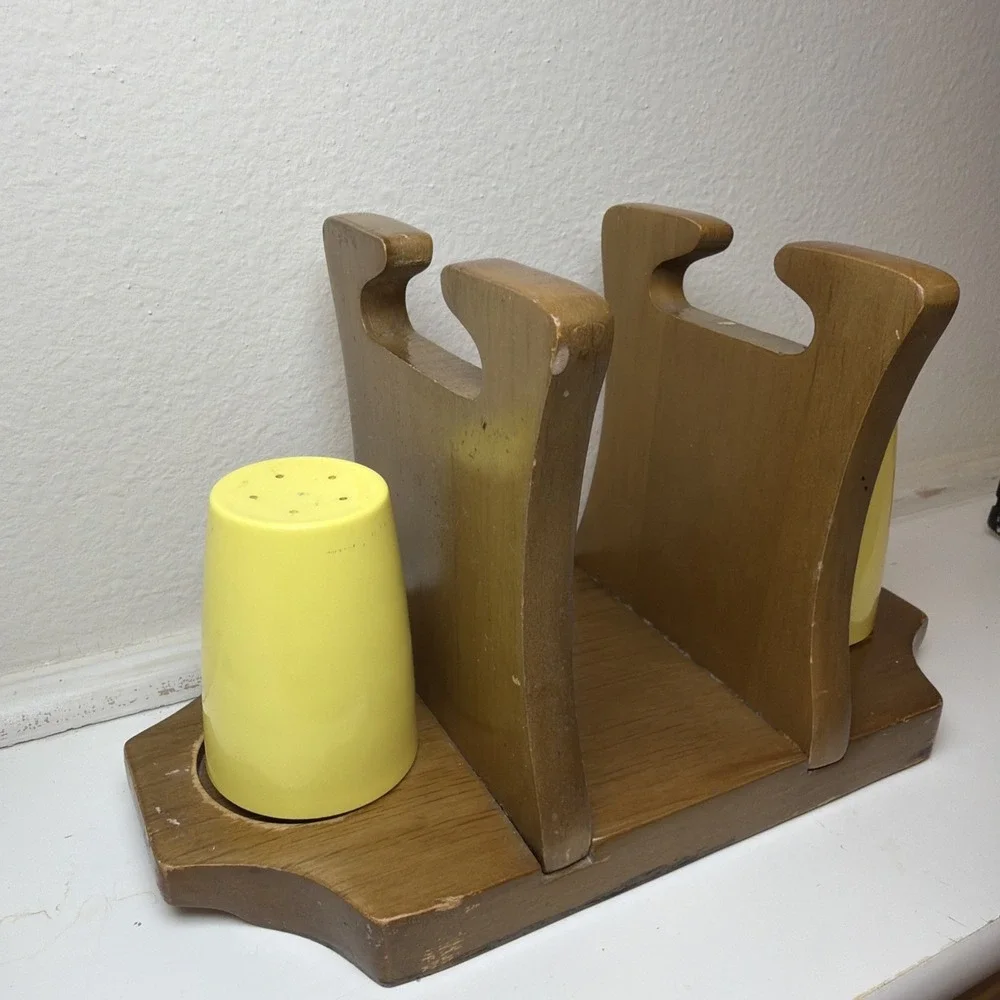GrandmaCore Wood Salt and Pepper Shaker And Napkin Holder Set Milbern MCM Yellow